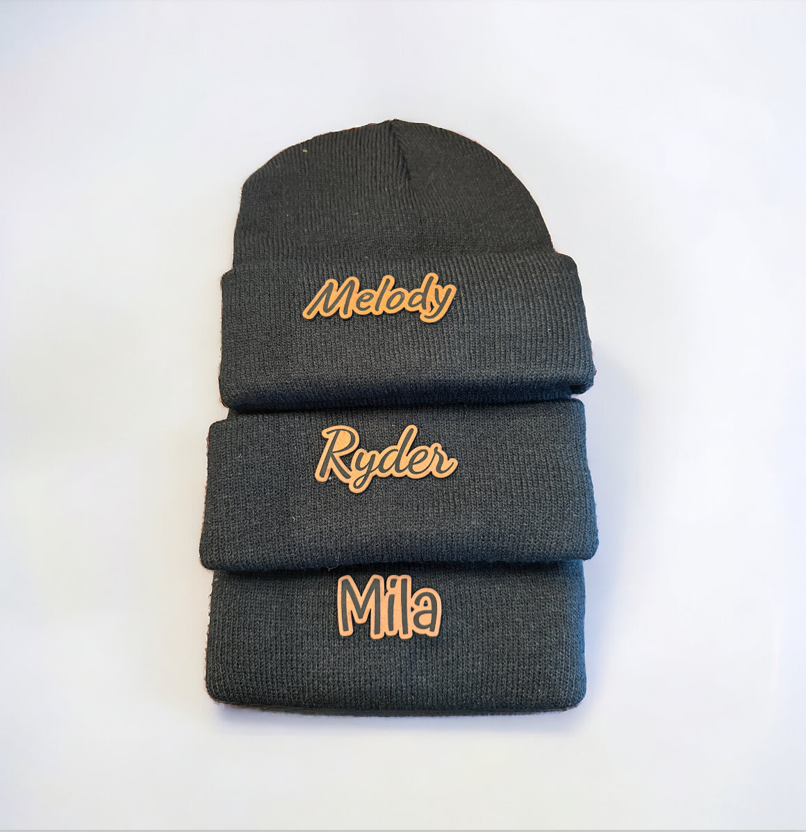 Kid Sized Black Beanie with Custom Leather Patch