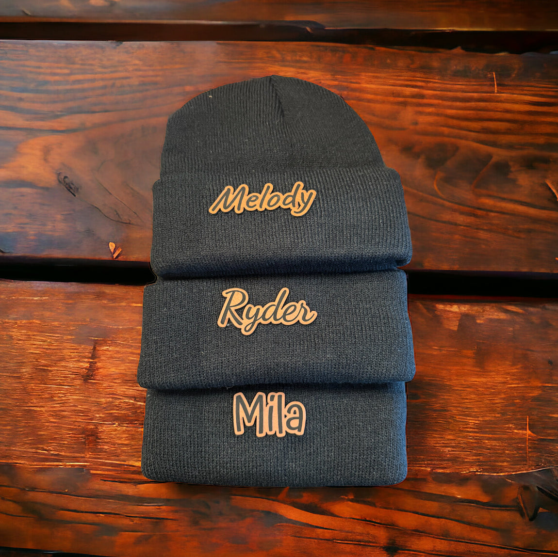 Kid Sized Black Beanie with Custom Leather Patch
