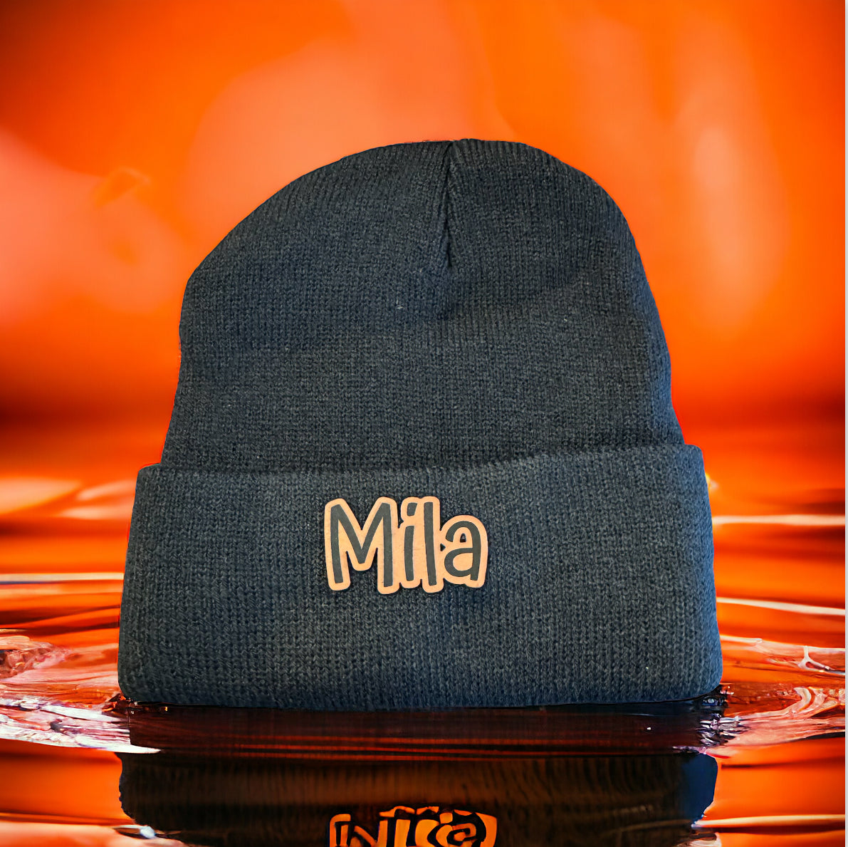Kid Sized Black Beanie with Custom Leather Patch