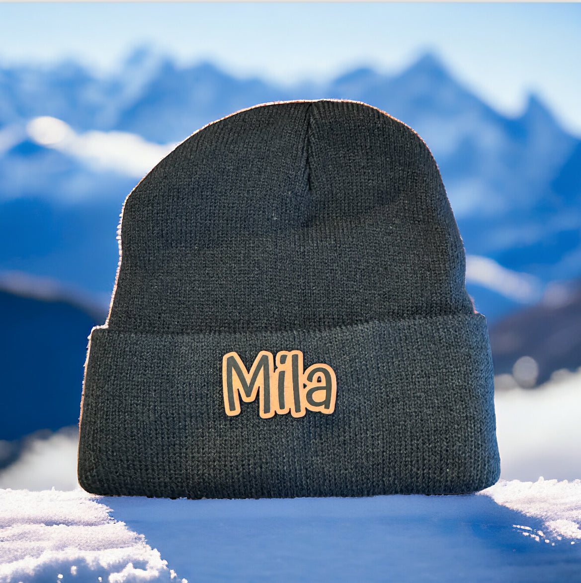 Kid Sized Black Beanie with Custom Leather Patch