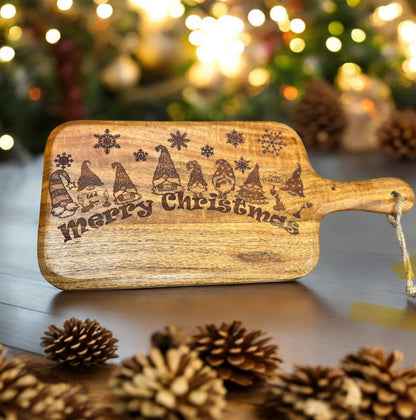 Gnome Christmas Gathering Engraved on Acacia Charcuterie Board With Handle