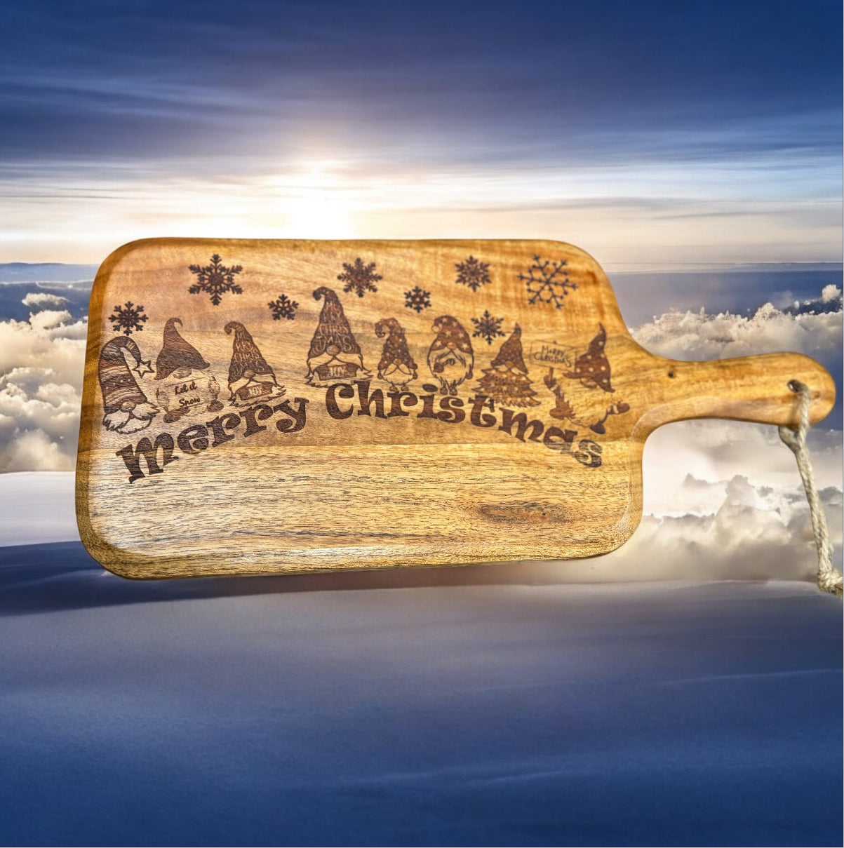 Gnome Christmas Gathering Engraved on Acacia Charcuterie Board With Handle