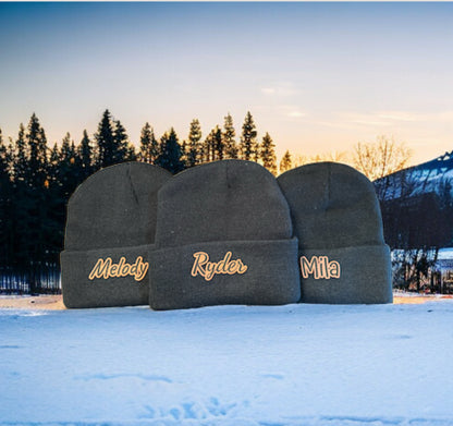 Kid Sized Black Beanie with Custom Leather Patch
